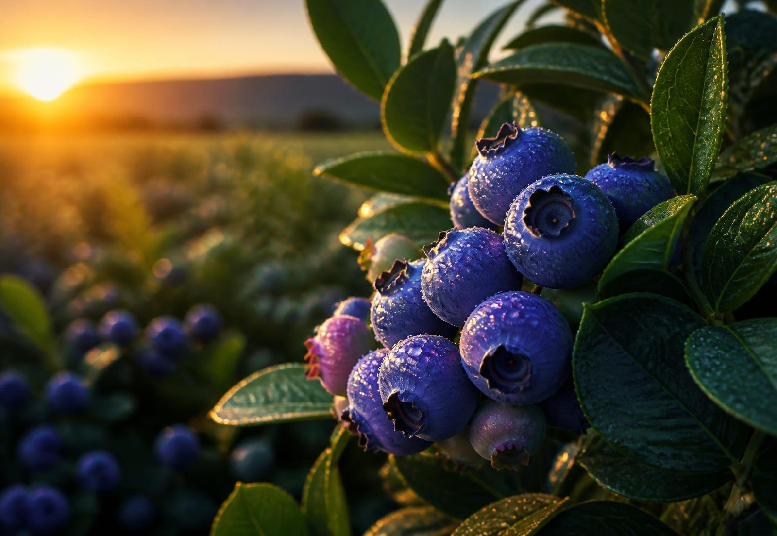 Fresh dew-covered blueberries ripening on the bush at sunrise on the Glowberry farm