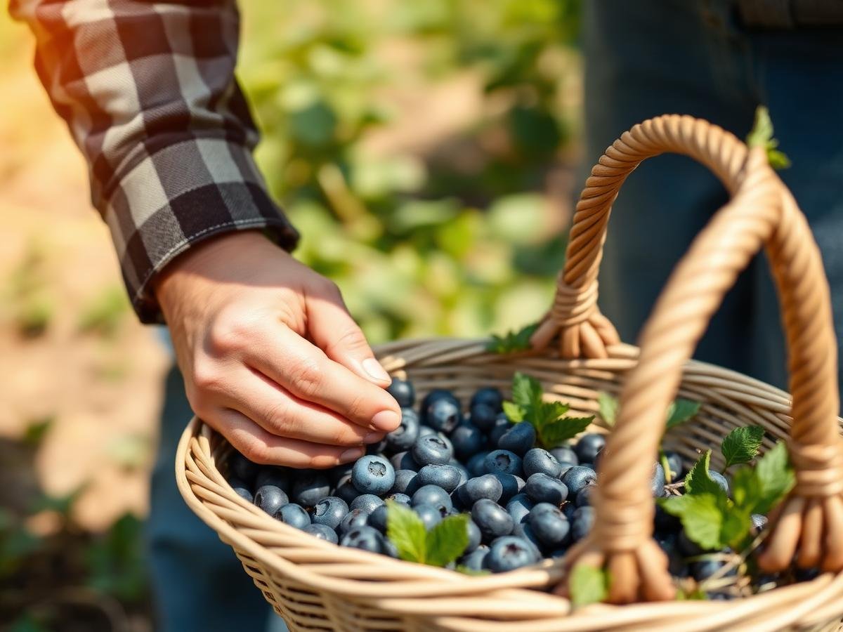 Glowberry çiftliğinde örgü sepete elle yaban mersini toplayan çiftçi
